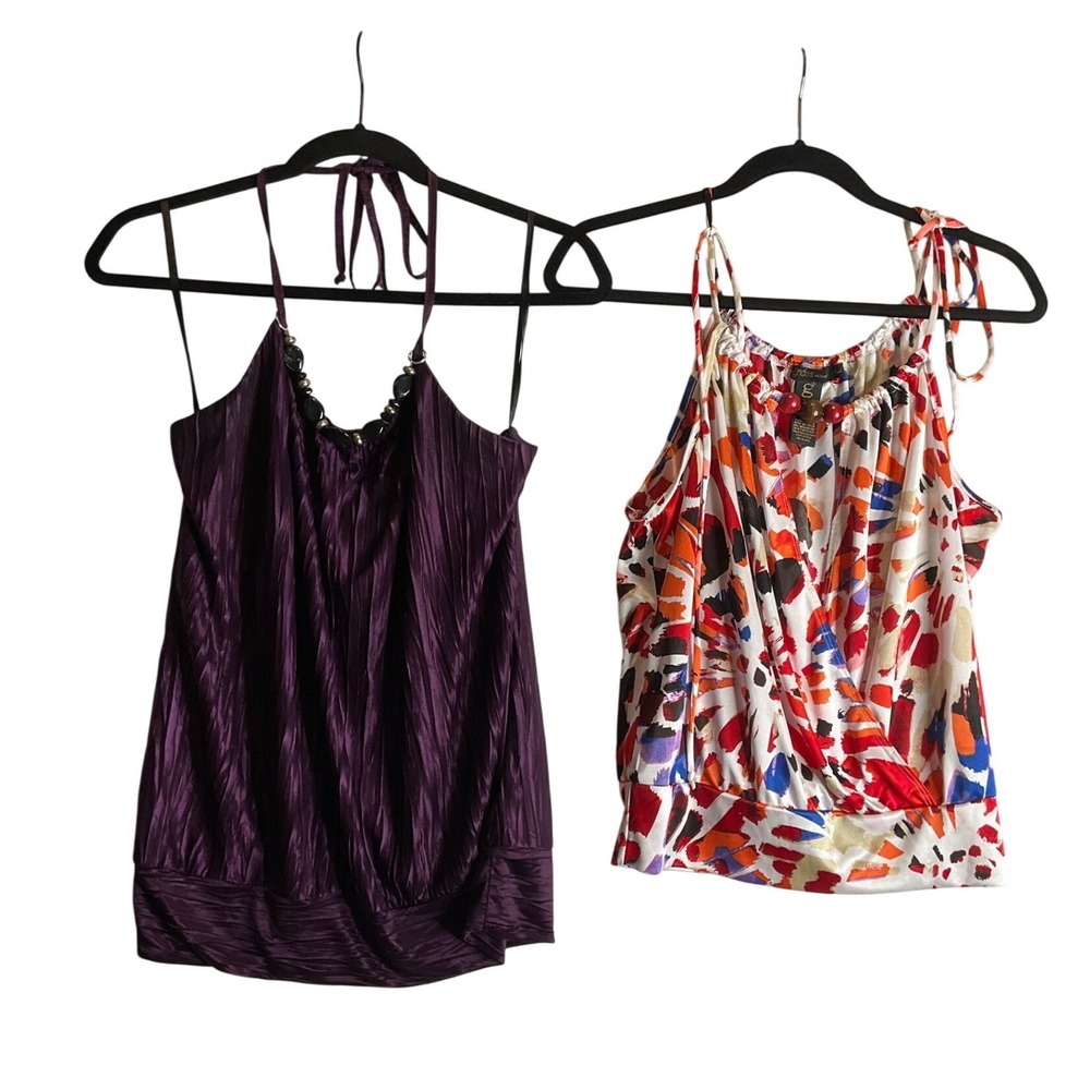 Going Out (2) Tops Y2K Halter Tank Satin Colorful Sexy Beads Jewel Tones L